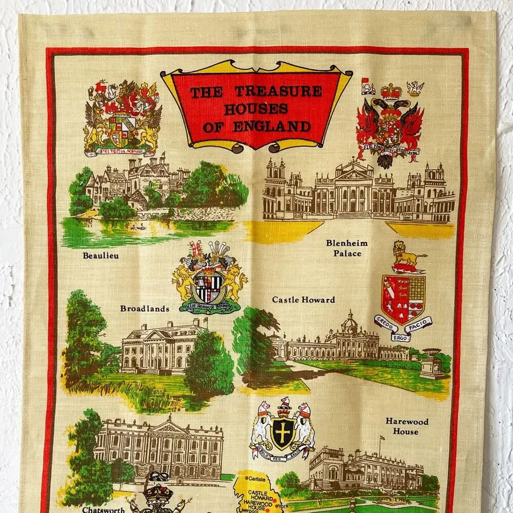Treasure Houses of England Souvenir Map Linen Tea Towel Wall Hanging by Richlin